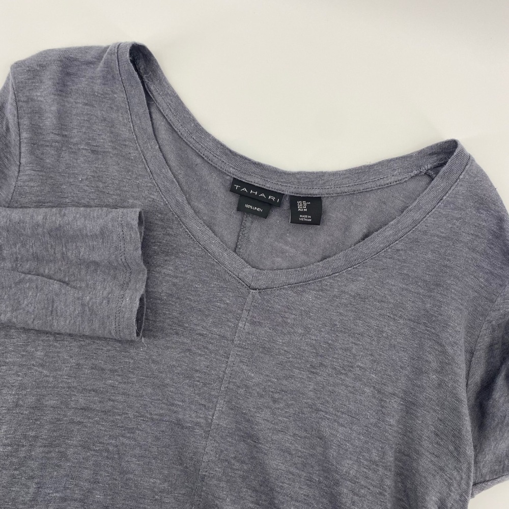 Tahari Linen Top Womens Medium Grey V-Neck High Low Long Sleeve Casual Tee